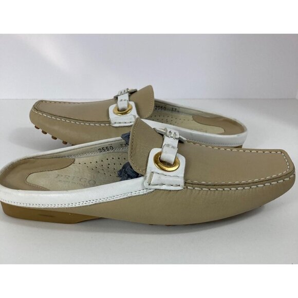 Womens Prego Leather Slip On Italian Mules Driving Shoe Tan White 7 - Picture 1 of 10